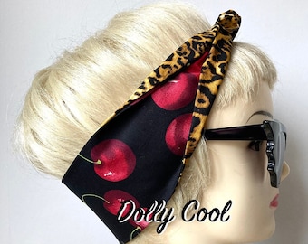 Leopard and Cherry Hair Tie Print Head Scarf by Dolly Cool - Rockabilly - Reversible - Pin Up Girl - 50s