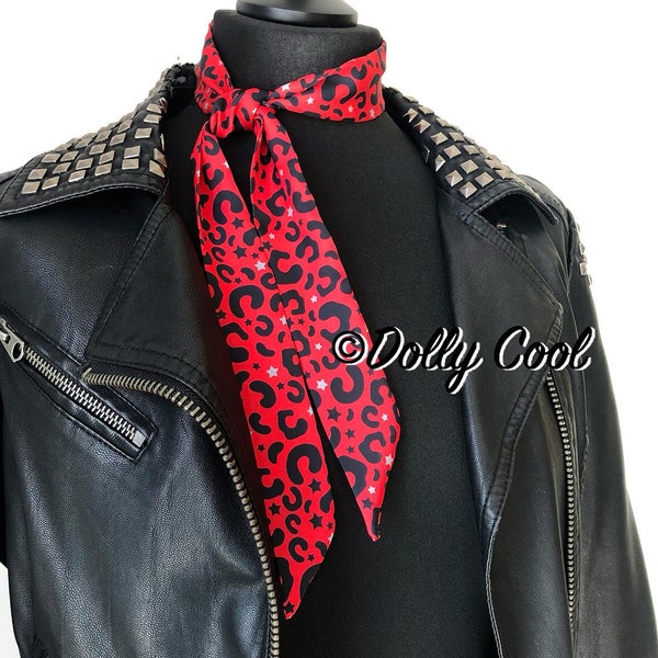 Red Leopard Print Skinny Scarf by Dolly Cool - Stars - Faux Silk - Rock & Roll - Neck Hair Bag Scarf  Exclusive Fabric Self Designed