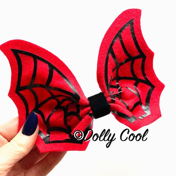 Spider Web Bat Wing Felt Hair bow - Red - exclusively by Dolly Cool - Horror - Goth - Witch - Creepy Cute - Oversized