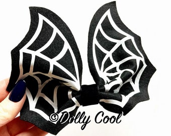 Spider Web Bat Wing Felt Hair bow - Black - exclusively by Dolly Cool - Horror - Goth - Witch - Creepy Cute - Oversized