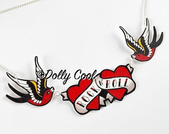 Swallow necklace Tattoo style - Rock n Roll with tattoo inspired hearts - Red and Black - by Dolly Cool