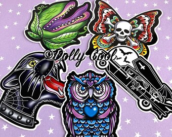 Spooky Vinyl Sticker Pack - Audrey ii - Owl - Hearse - Tattoo Panther - Skull Butterfly - Illustrated - Laptop Sticker by Dolly Cool