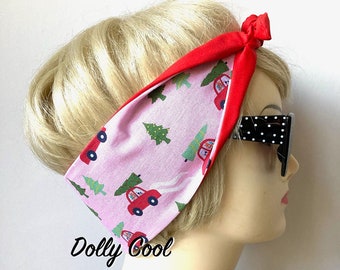 Christmas Tree and Car Hair Tie - Rockabilly Head Scarf - by Dolly Cool - Holidays - pastel - Bandana - Hair Scarf - Wrap