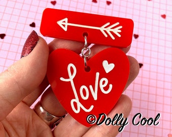 Love Heart and Arrow Brooch in Red & White by Dolly Cool - 40s 50s Reproduction - Vintage Style - Novelty - Sweetheart Pin - Fakelite