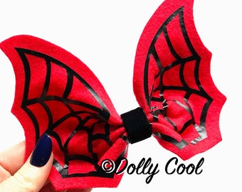 Spider Web Bat Wing Felt Hair bow - Red - exclusively by Dolly Cool - Horror - Goth - Witch - Creepy Cute - Oversized