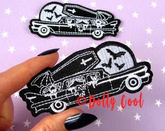 Haunted Hearse iron on patches - patch set - Cadillac Hearse - Exclusive design by Dolly Cool