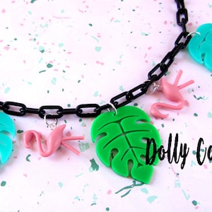 Flamingo and Monstera Leaf Necklace 40s 50s inspired by Dolly Cool Palm Springs Mid Century Modern image 1