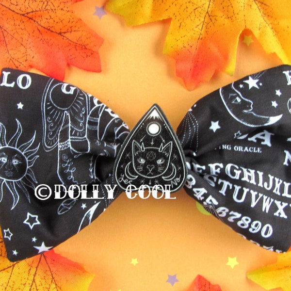 Ouija Print Fabric Hair bow with Cat Planchette illustrated charm exclusively by Dolly Cool Horror Kawaii Goth Oversized