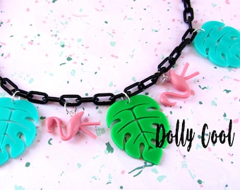 Flamingo and Monstera Leaf Necklace - 40s 50s inspired - by Dolly Cool - Palm Springs - Mid Century Modern