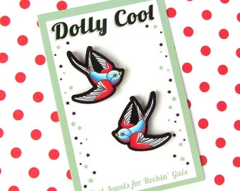 Swallow Mini Pin Set of Two in Blue by Dolly Cool - Old School Tattoo Flash - Swift - Sparrow - Retro tattoo style - New School