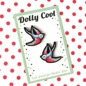 Swallow Mini Pin Set of Two in Blue by Dolly Cool - Old School Tattoo Flash - Swift - Sparrow - Retro tattoo style - New School