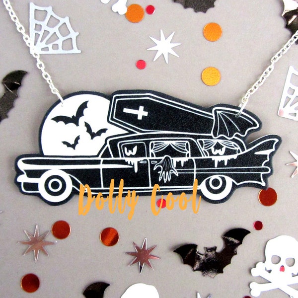 Haunted Hearse Necklace by Dolly Cool - Coffin - Moon - Bats - Halloween - Creepy Cute - Kawaii - Goth