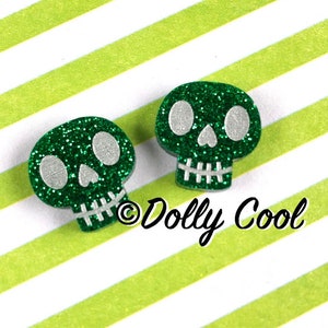 Skull Earrings - Green Glitter Acrylic  - Etched Detail - Lucite Confetti - stud back