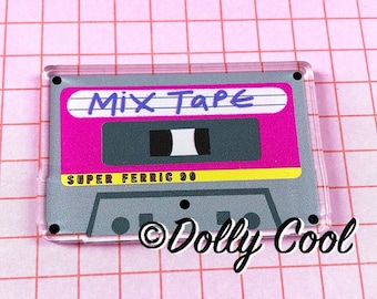 80s Mix Tape Brooch: Laser Cut Acrylic Cassette Pin