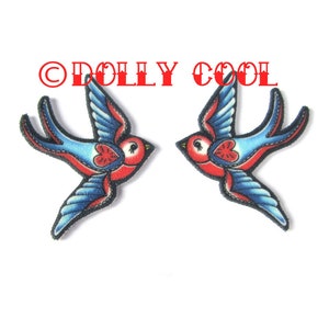 Swallow Heart Earrings: 40s 50s Vintage Style Novelty Print