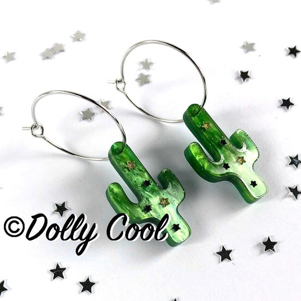 Cactus and Star Drop Hoop Earrings - Dark Green Glitter - Vintage Style Novelty - Atomic Retro Style - Acrylic Earrings - Stainless Steel