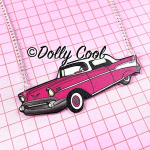 Pink Chevy Bel Air Necklace: 50s Rockabilly Car Jewelry