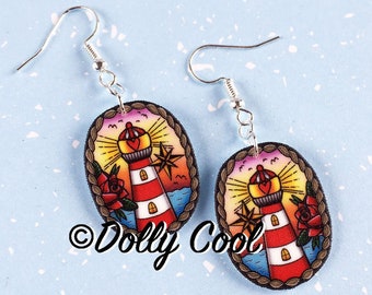 Lighthouse Tattoo Earrings by Dolly Cool - Old School Tattoo Style - Novelty Print - Rockabilly