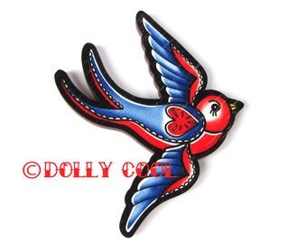 Swallow Heart Brooch by Dolly Cool - 40s 50s Reproduction - Vintage Style - Novelty Wooden Pin - WW2 Sweetheart - Valentine love