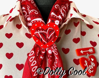 Red Heart Scarf Ring by Dolly Cool - Rag Slide - Bandana Slide - Rock & Roll - Western Neck Tie - Red Acrylic Heart - Southwestern Style