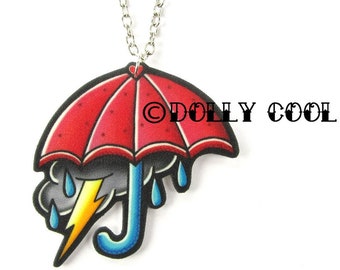 Umbrella Necklace - Old School Tattoo -  by Dolly Cool - Old School Flash - Vintage Style - Brolly - Parasol - Tattoo Flash