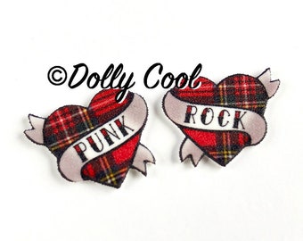 Heart Earrings Punk Rock Tattoo style in Red Tartan Print by Dolly Cool Traditional Old School