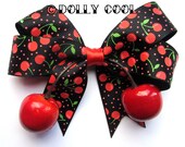 Cherry and Polka dot hair bow with realistic lifelike juicy cherries by Dolly Cool