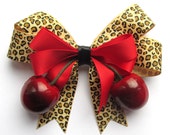 Leopard and Cherry hair bow with realistic lifelike juicy cherries by Dolly Cool