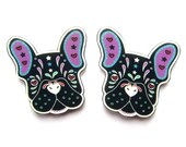 Sugar Skull Style French Bulldog Earrings in Black by Dolly Cool Dog Frenchie Day of the Dead