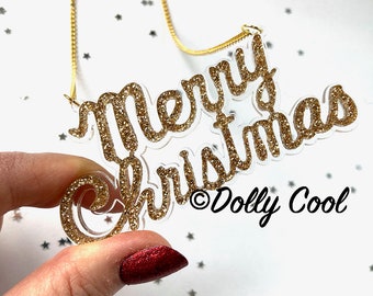 Merry Christmas Acrylic Necklace by Dolly Cool - Gold Glitter - 40s 50s Reproduction - Vintage Style - Fakelite