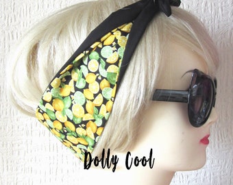 Lemon Lime Print Hair Tie Rockabilly Head Scarf by Dolly Cool - Rockabilly - Pin Up - Carmen Miranda - Fruit - 50s Bandana