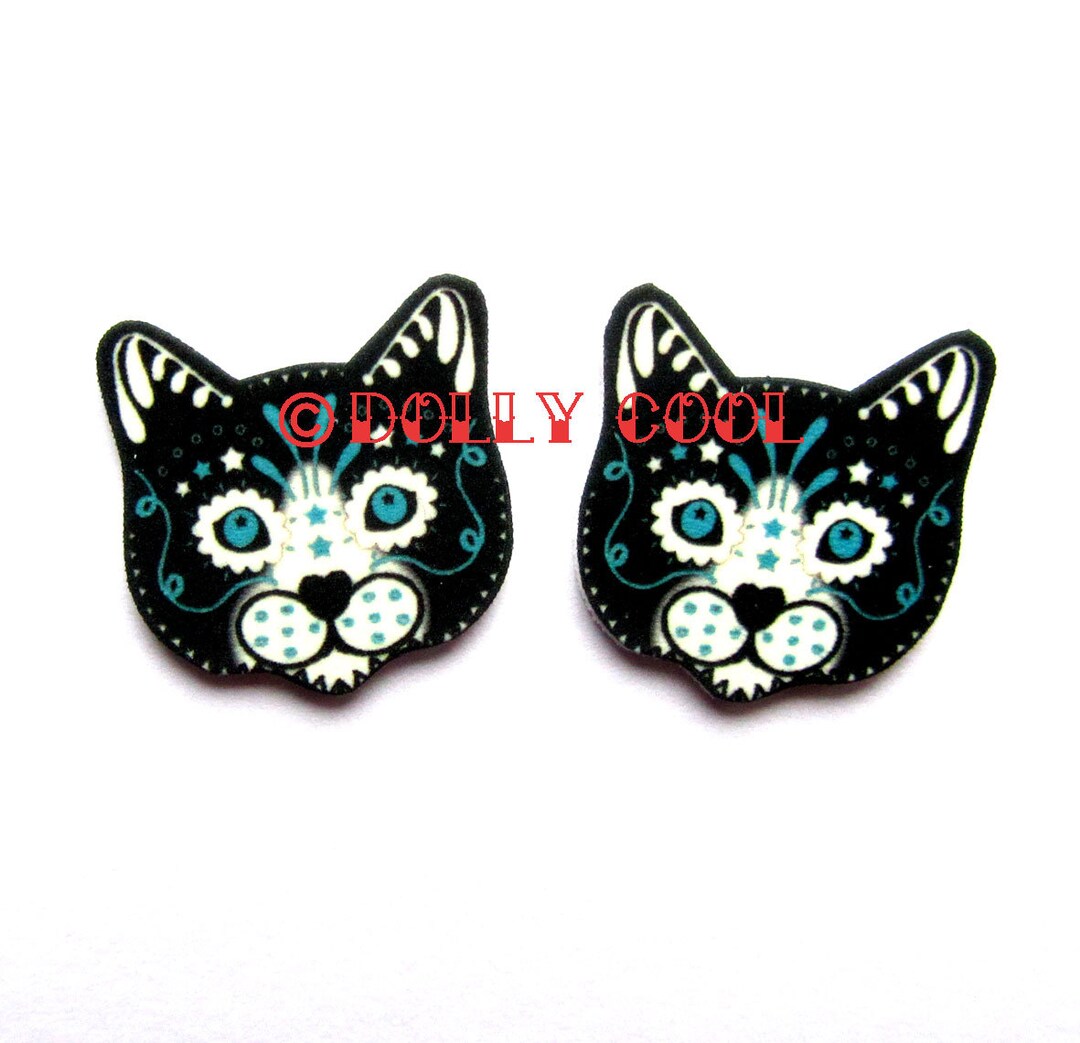 Tuxedo Cat Earrings Sugar Skull Style Black White by Dolly Etsy