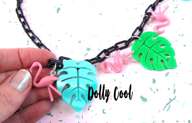 Flamingo and Monstera Leaf Necklace 40s 50s inspired by Dolly Cool Palm Springs Mid Century Modern image 6