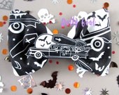 Haunted Hearse Fabric Hair bow with Hearse illustrated charm exclusively by Dolly Cool - Horror - Goth - Witch - Creepy Cute - Oversized