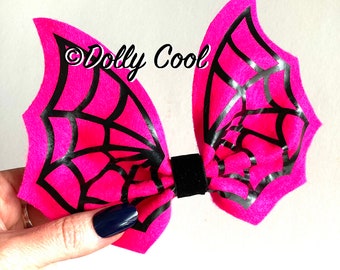 Spider Web Bat Wing Felt Hair bow - Hot Pink & Black - exclusively by Dolly Cool - Horror - Goth - Witch - Creepy Cute - Oversized