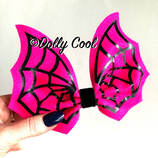 Spider Web Bat Wing Felt Hair bow - Hot Pink & Black - exclusively by Dolly Cool - Horror - Goth - Witch - Creepy Cute - Oversized