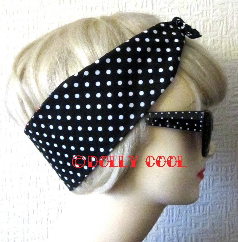 Tattoo Love Hair Tie Print Head Scarf by Dolly Cool Fully Reversible Black White Polka Dot Backing Exclusive Fabric Self Designed image 2