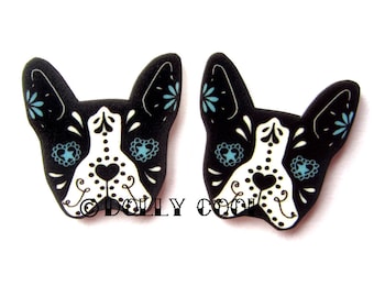 Boston Terrier Earrings Sugar Skull Style in White by Dolly Cool Dog Bostie Day of the Dead