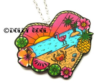 Tropical Beach Scene Necklace by Dolly Cool 40s 50s Reproduction Vintage Style Novelty Print