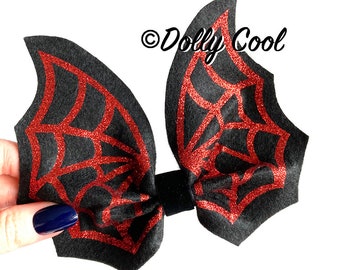 Spider Web Bat Wing Felt Hair bow - Black & Red Glitter - by Dolly Cool - Horror - Goth - Witch - Creepy Cute - Oversized - Vampire