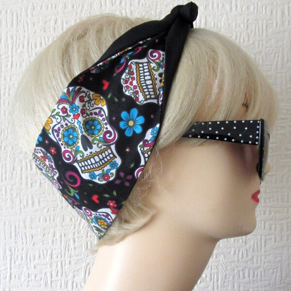 Sugar Skull Hair Tie Day of The Dead Flowers in Black , Rockabilly Head Scarf by Dolly Cool