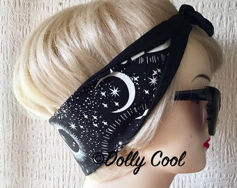 Moon Star Hair Tie Print Rockabilly Head Scarf by Dolly Cool - Spooky - Occult - Dark Arts - Witchy - Gothic - Glow in the Dark - Celestial