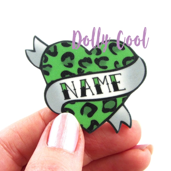 Green Leopard Print Tattoo style Brooch Heart Custom Personalized Name - Your choice of word - by Dolly Cool Rockabilly 50s