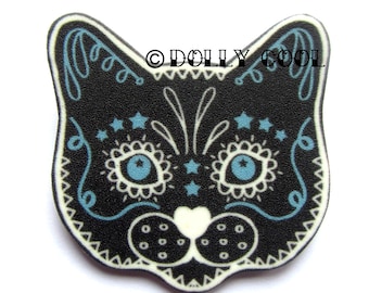 Black Cat Brooch Day of The Dead Sugar Skull Style Pin by Dolly Cool