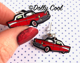 Red Chevy Bel Air Car Earrings: 50s Rockabilly Style