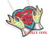 Tattoo Hands Rose Heart Necklace by Dolly Cool - 40s - 50s - Reproduction Vintage - Love - Hope - Truth - Honour