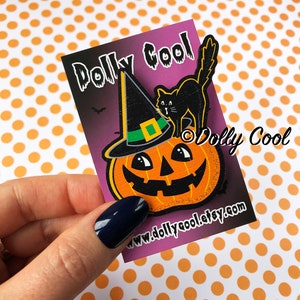 Witch Pumpkin Brooch by Dolly Cool Wooden Novelty Pin Gothic Horror Black Cat Occult Wikka Halloween image 2