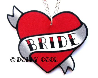 Heart Necklace Wedding Tattoo style  - Bride - Hand Made by Dolly Cool Rockabilly 50s