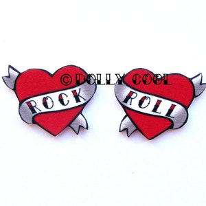 Heart Earrings Rock and Roll Tattoo style in Red by Dolly Cool Traditional Old School