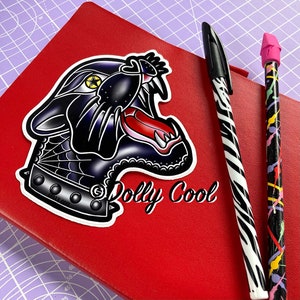 Autocollant en vinyle tête de panthère - tatouage old school - illustré - ordinateur portable - carnet de notes - imperméable à l'eau - par Dolly Cool
